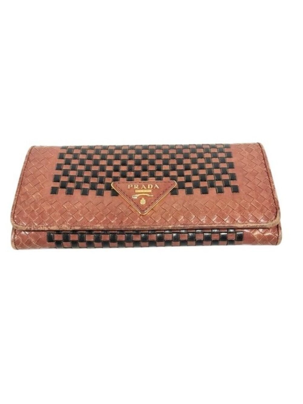 Prada Wallet Madras Brown Black Leather Bifold Triangle Logo Gold